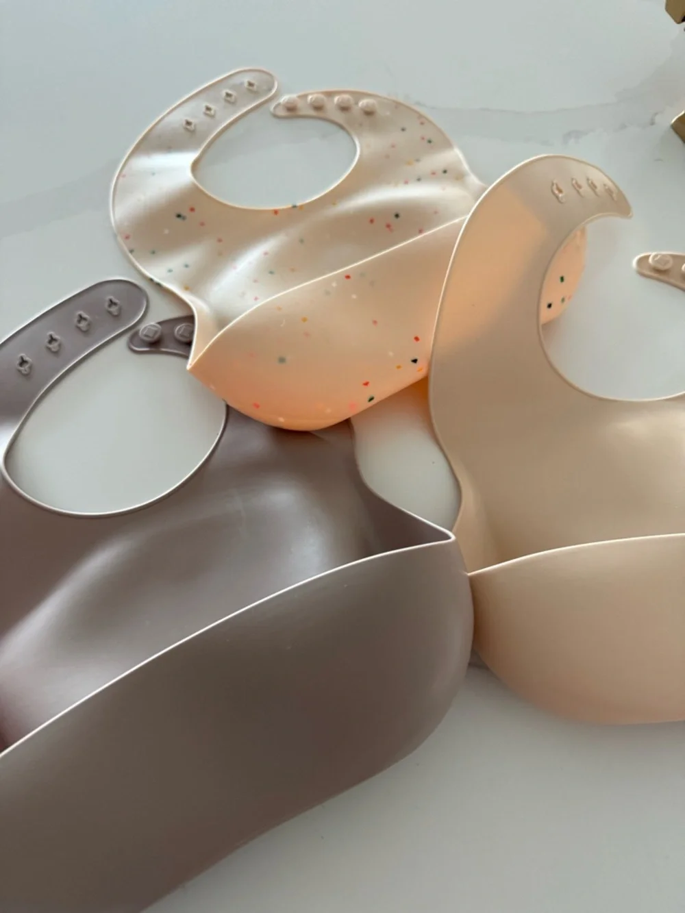 Neutral Silicone Baby Bib Trio with Crumb Catcher - Beige, Cream, and Taupe